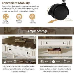 Farmhouse Coffee Table with One Drawer in Grey and White