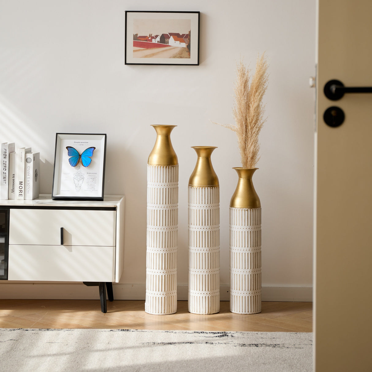 Floor Metal Vases Set of 3 - White with Gold Accents