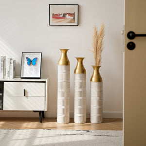 Floor Metal Vases Set of 3 - White with Gold Accents