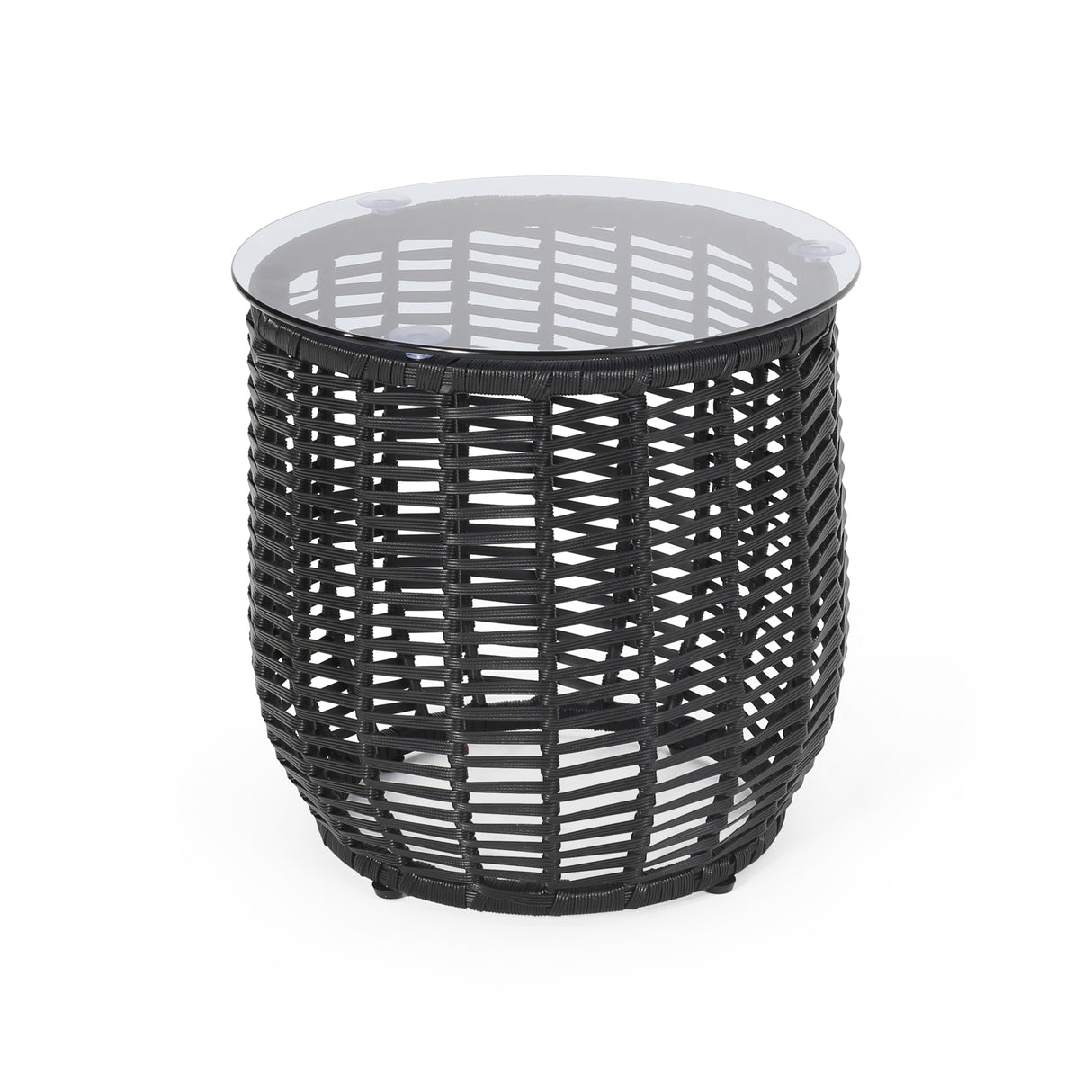 Boho ARIAS Side Table with Tempered Glass Top and Rattan Wrap, Black, 15.5 inches