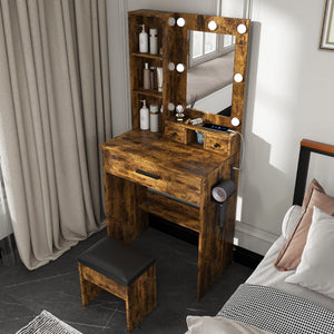 Vanity Set with Mirror, Adjustable LED Lights & Power Outlet - Wood & Mirror