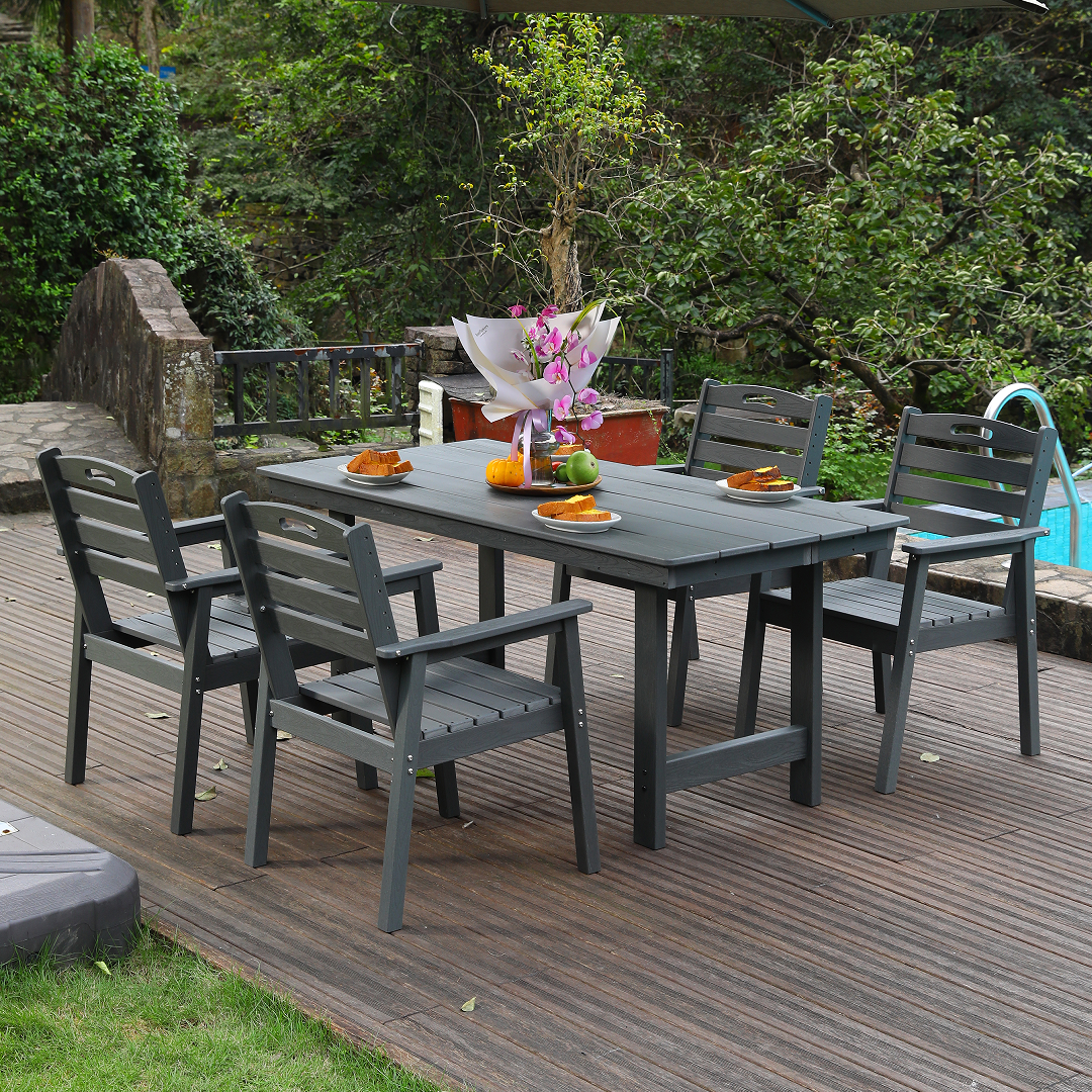 HDPE outdoor patio dining set, one table and four chairs. The outdoor dining furniture has sunshade holes and is suitable. It is suitable for lawns, gardens, backyards, and pool sides.Grey,Waterproof