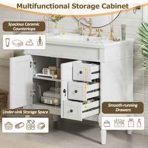Bathroom Vanity With Ceramic Sink, 2 Doors 3 Drawers, Soft Close Design
