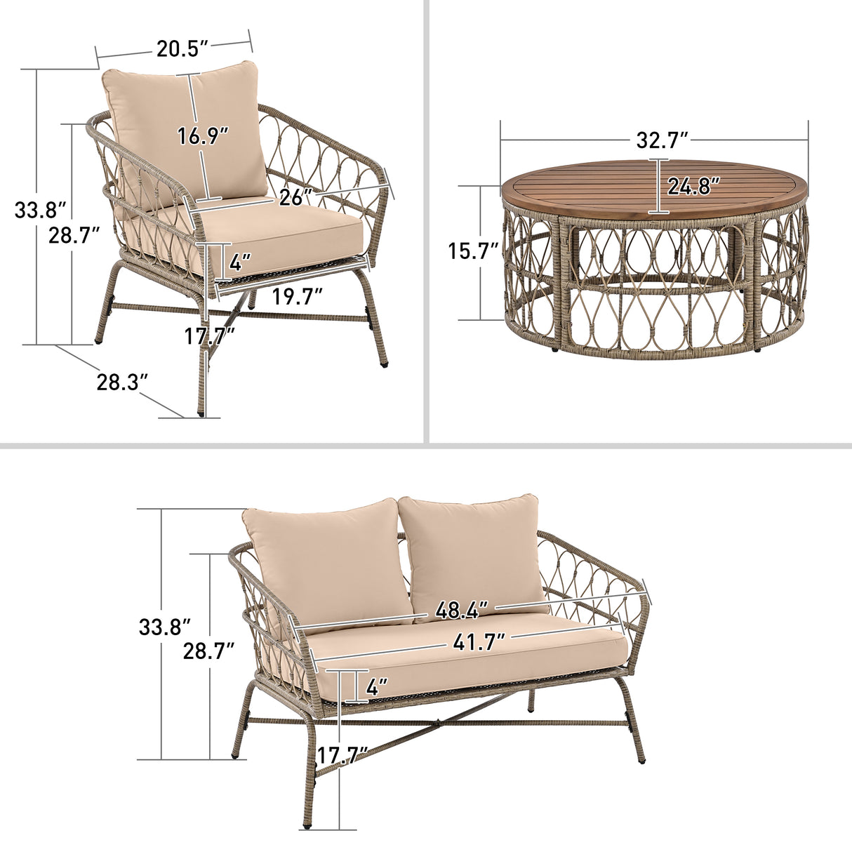 4 Piece Bohemian Wicker Chat Set With Acacia Wood Table