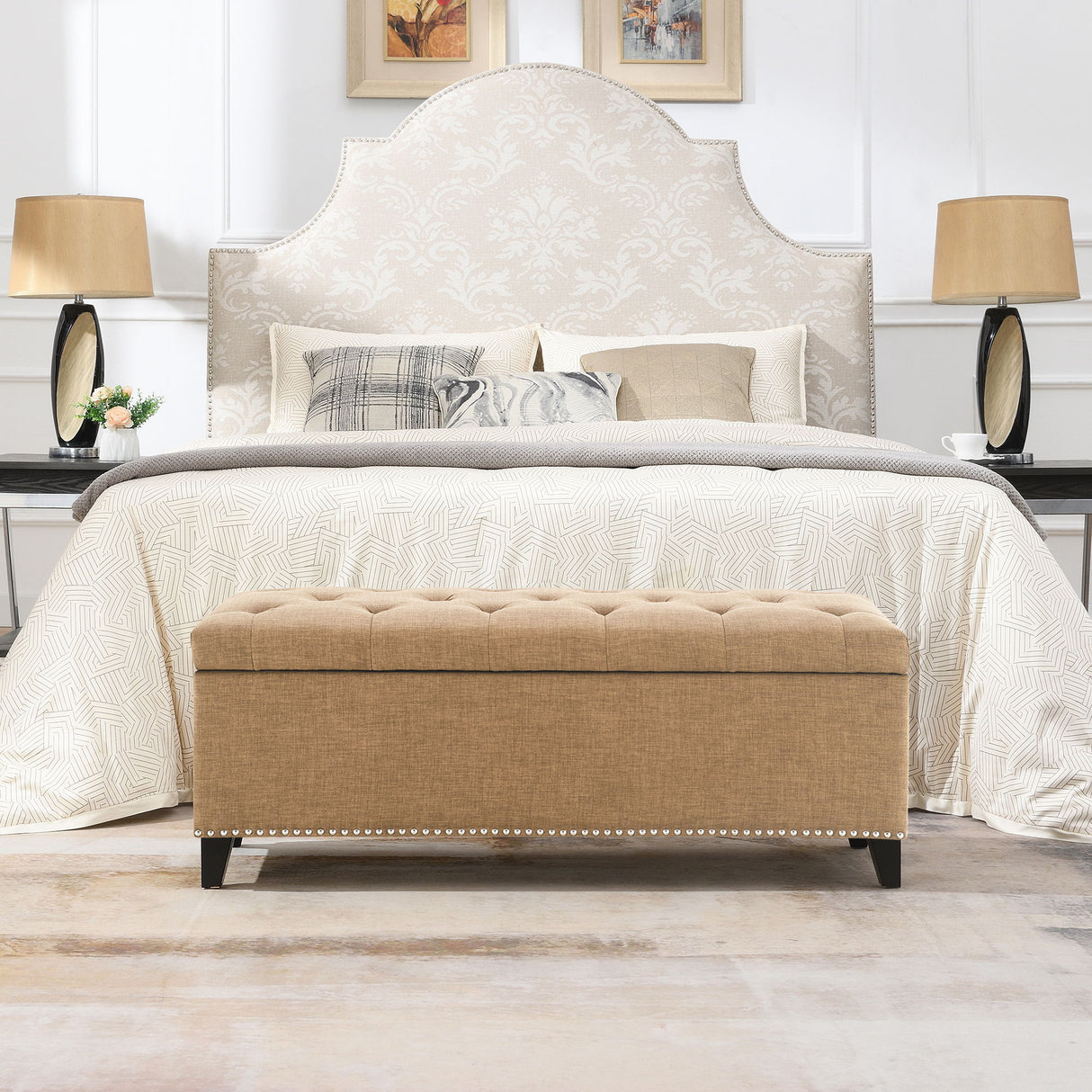 Button Tufted Storage Ottoman, Living Room Bench With Safety Close Hinge - Brown
