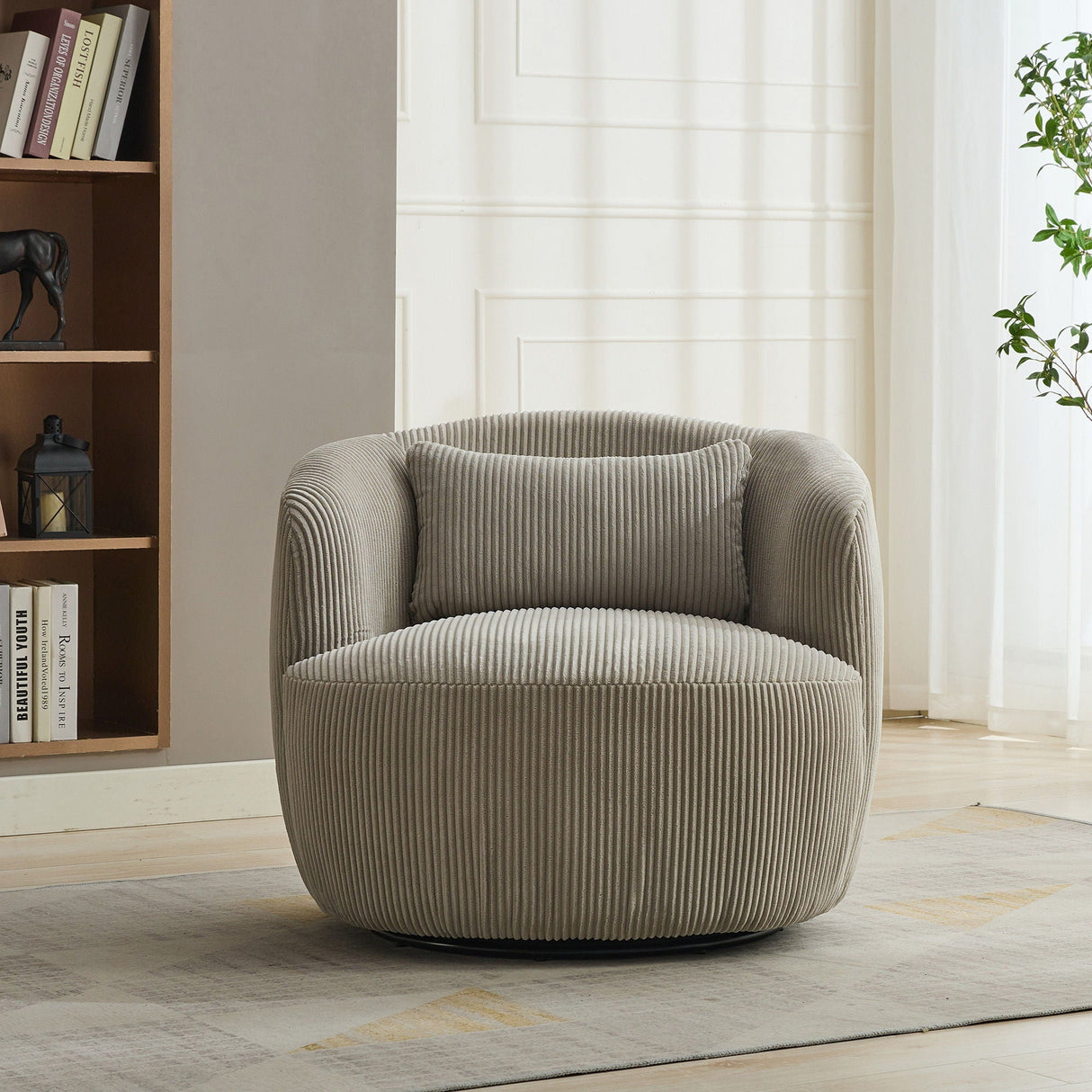 Wide Upholstered 360° Swivel Barrel Soft Chair With Pillow