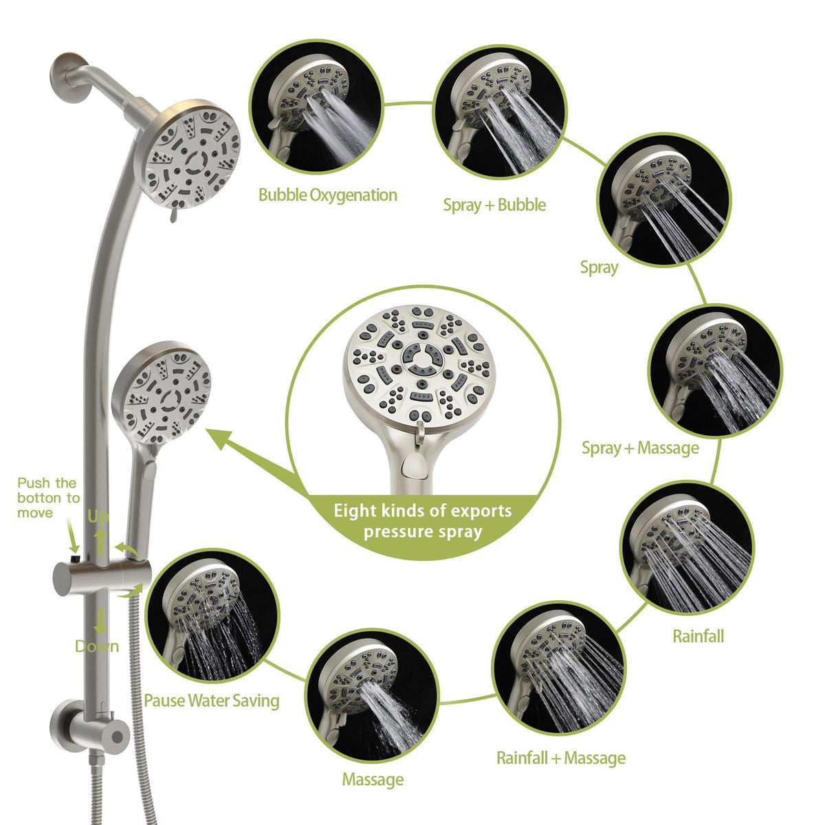 Multi Function Dual Shower Head System With 4.7" Rain Showerhead, 8 Function Hand Shower, Adjustable Slide Bar