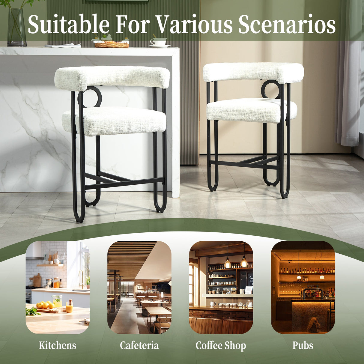 Household bar stools set of 2, modern upholstered with back