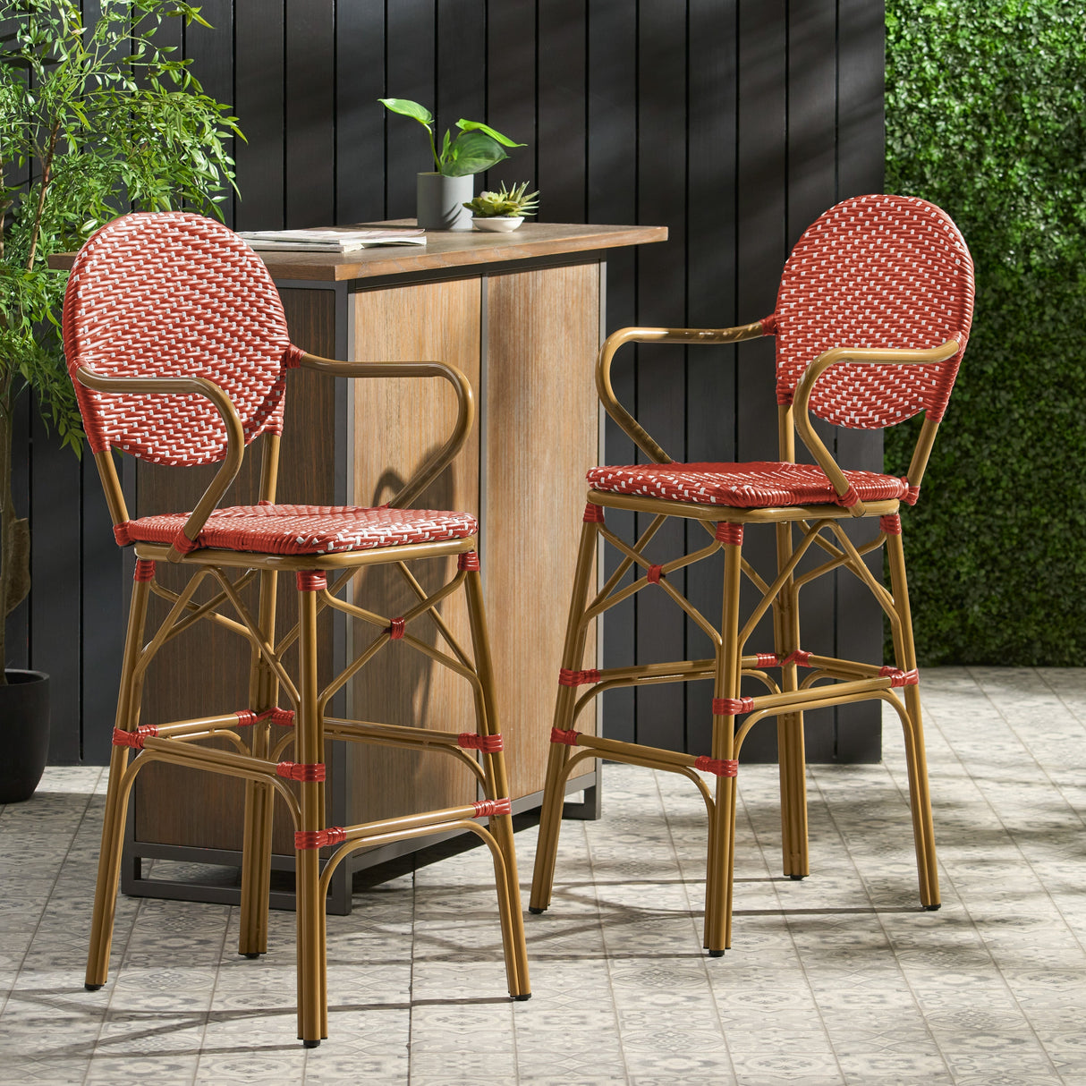 Outdoor Wicker and Aluminum French Barstools, Set of 2