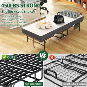 Twin Folding Bed With Adjustable Headboard & Memory Foam, Space Saving Rollaway Guest For Tall People, Portable On Wheels, Easy Assembly - Black