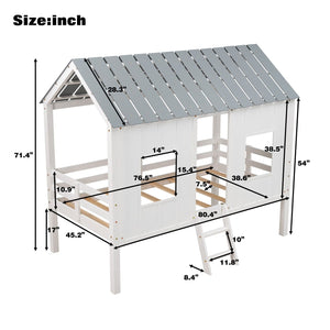 Twin Size Low Loft House Bed With Roof And 2 Front Windows - White