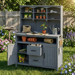 TOPMAX Large Fir Wood Potting Bench with Hutch and Storage