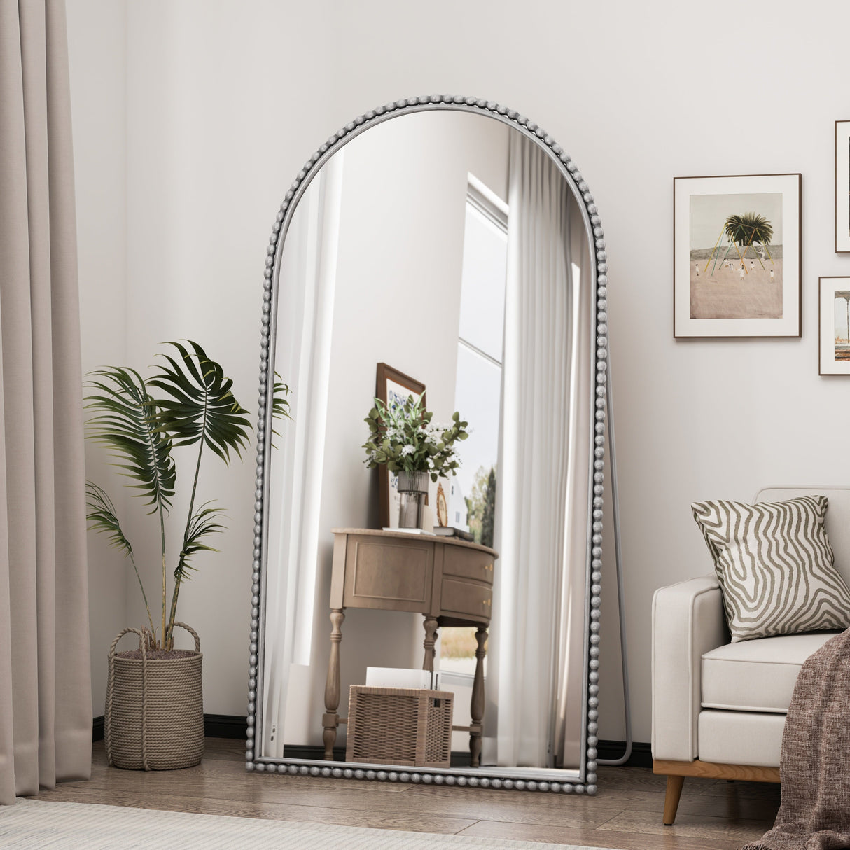 Iron Arch Retro Full Length Mirror with Supporting Feet in Silver