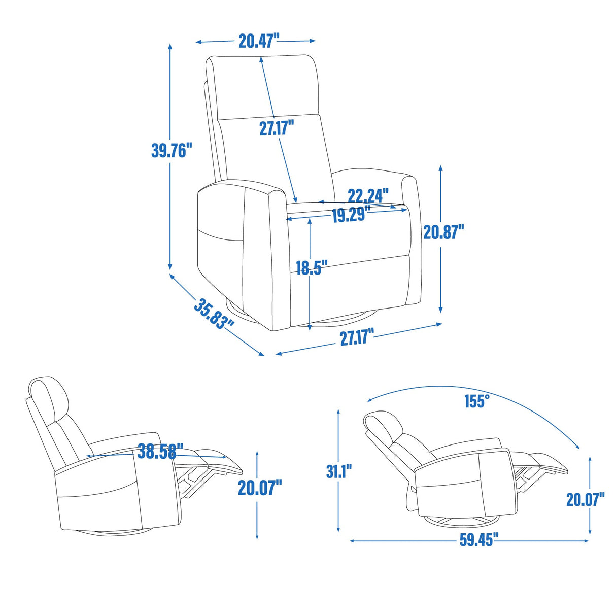 Heat Massage Manual Recliner Chair with Rocker and Swivel in Fabric