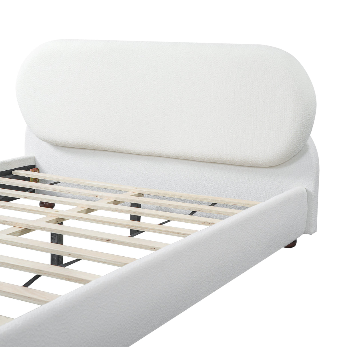 Cream-colored Boucle Upholstered Bed with Rubber Wood Foot, Queen
