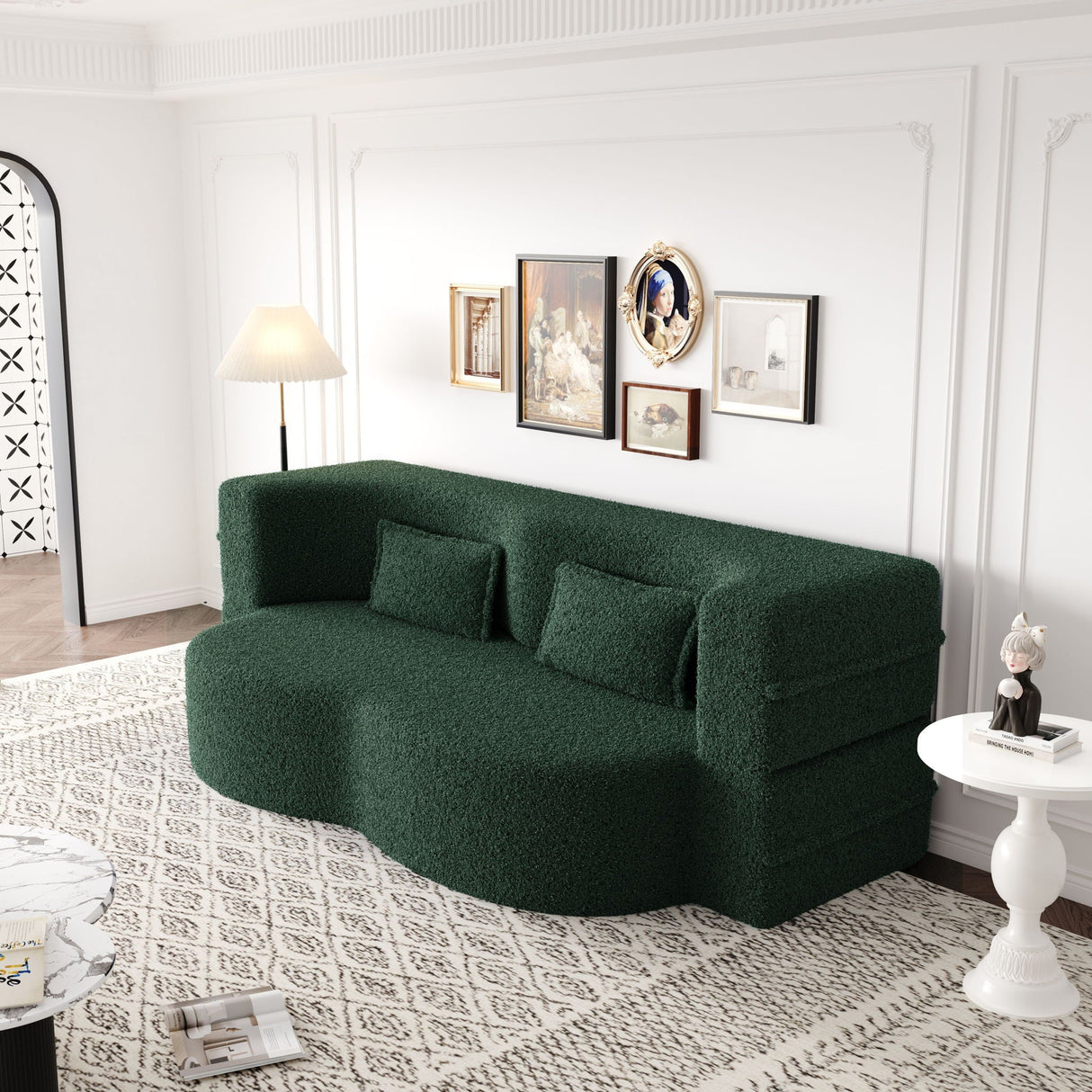 Modern Floor Sofa, With 2 Pillows, Convertible Teddy Fabric Foam Filled Bed