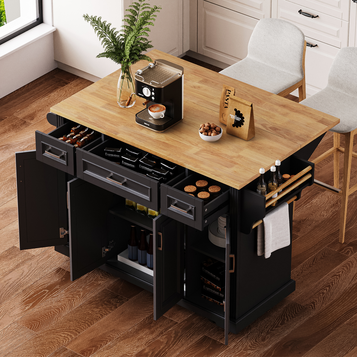 K&K 54 Inch Large Kitchen Island with Rubber Wood Drop Leaf