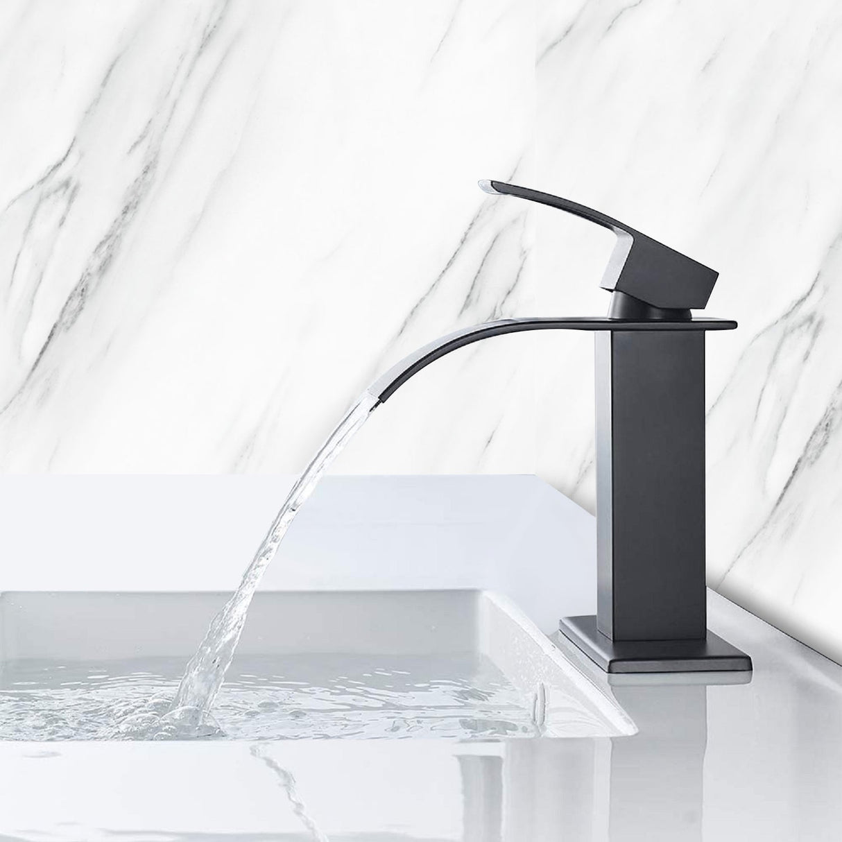 Waterfall Spout Bathroom Sink Single Handle Faucet with Pop-Up Drain