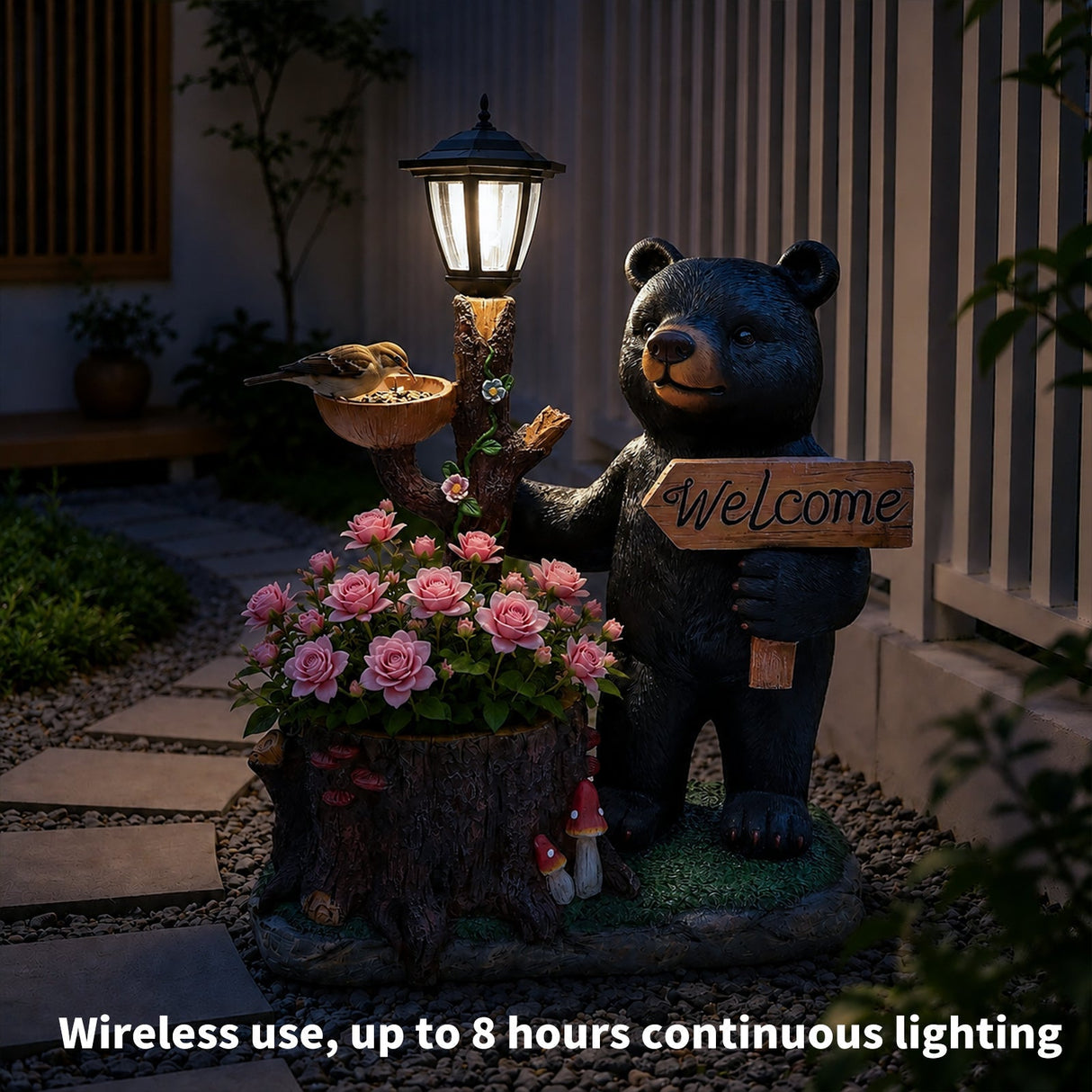 Decorative Standing Black Bear Garden Planter with Solar-Powered Lantern