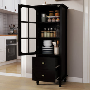 Black Tall Storage Cabinet with Glass Door & 2 Drawers