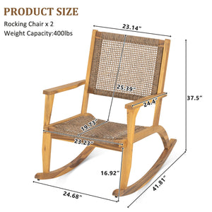 GO 2 Pieces Patio Rocking Chair Set, Acacia Wood Outdoor Rockers with Wicker Rattan Seat & Backrest, Comfortable Garden Porch Chairs for Backyard, Balcony, and Poolside, Natural