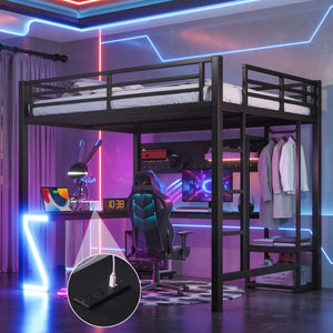 Queen Loft Bed with L-shaped Desk and USB Ports