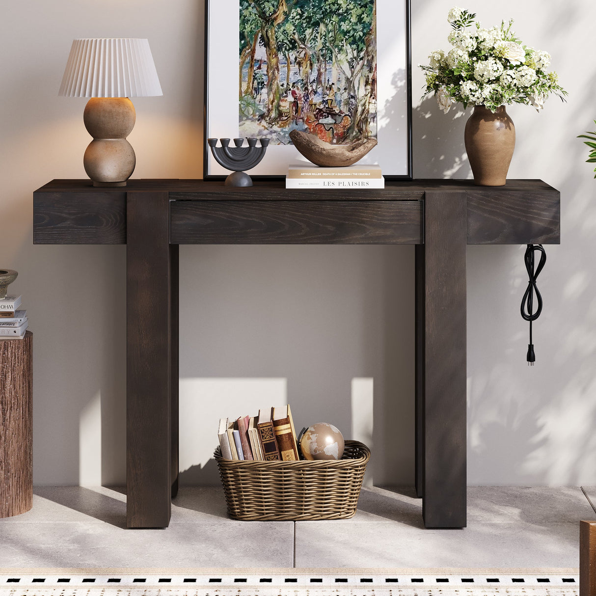 TREXM Rustic Minimalist Console Table with Hidden Drawer