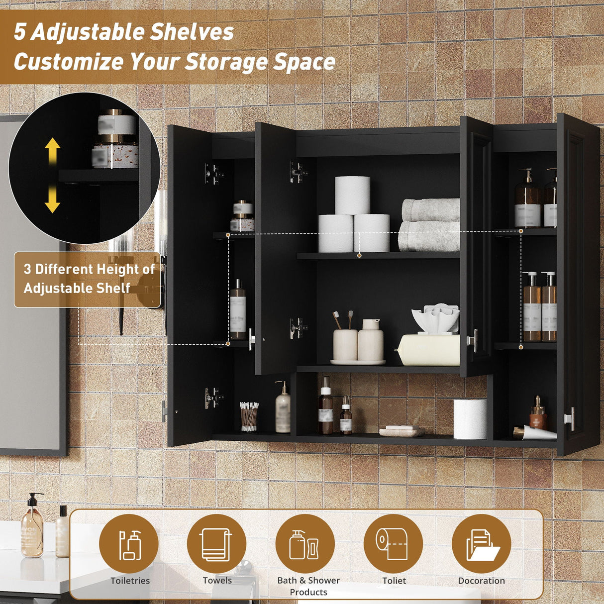 Wall Mounted Bathroom Cabinet With 5 Adjustable Shelves