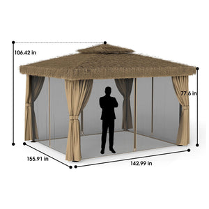 Outdoor Patio Gazebo With Double Canopy, Mosquito Net & Privacy Curtain - Brown