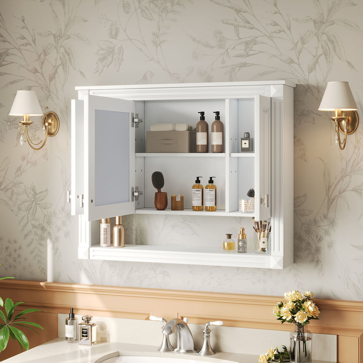 Wall-Mounted Bathroom Cabinet With Mirror And Open Shelf - White