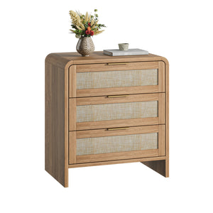 Rattan Nightstand with 3 Drawers set of 2, 22.8' Wide Curved Wooden Bedside Table, Modern Storage for Bedroom, Caramel Oak.