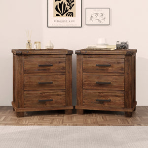 Rustic Three Drawer Reclaimed Solid Wood Farmhouse Nightstand Set of Two