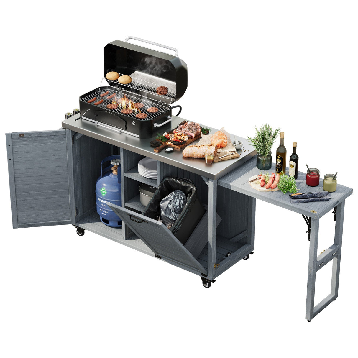 K&K 78.3' Outdoor Kitchen Island with Foldable Grill Table