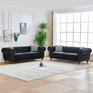 Chesterfield Upholstery Fabric Sofa With Roll Armrest & Nailhead, Mid Century Modern 3 And 3 Seater Couch