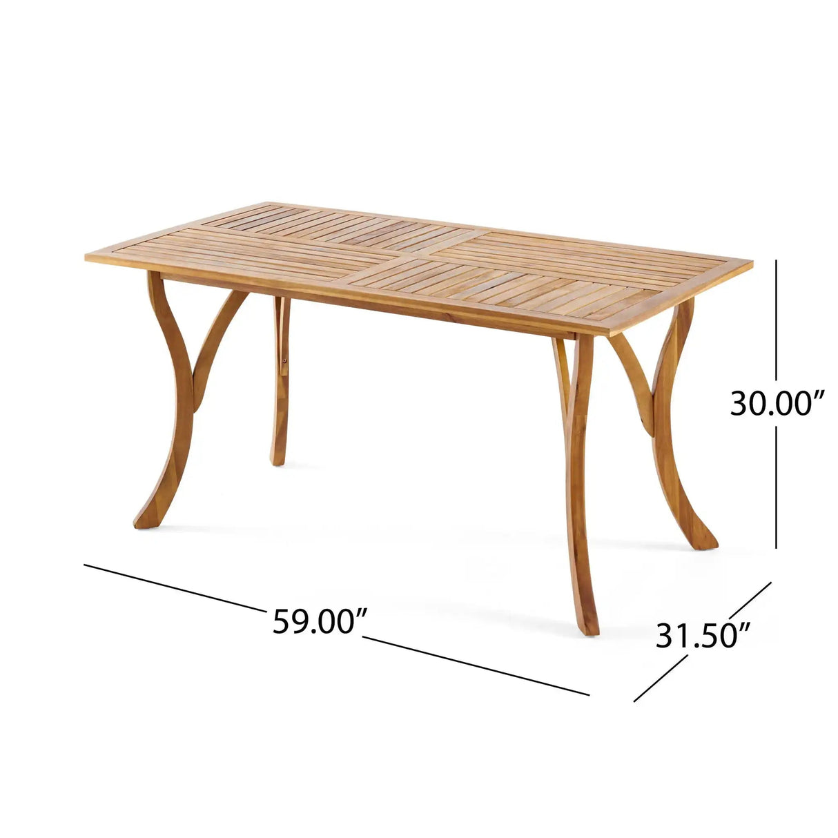 Outdoor Rectangular Table with Curved Legs and Perpendicular Wooden Slats Table Top