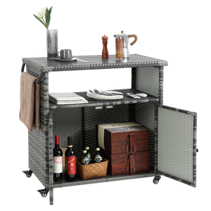 Outdoor Wicker Bar Cart with Glass Top and Wheels