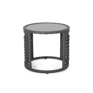 Achill Outdoor Modern Boho Wicker Side Table With Glass Top - Gray