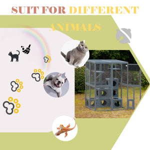 Grey Pine Wood Outdoor Cat House with Shelves and Weather Protection
