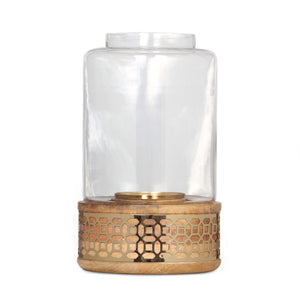 Lippert Boho Handcrafted Mango Wood Hurricane Candle Holder With Tempered Glass And Metal Accents, Large - Natural