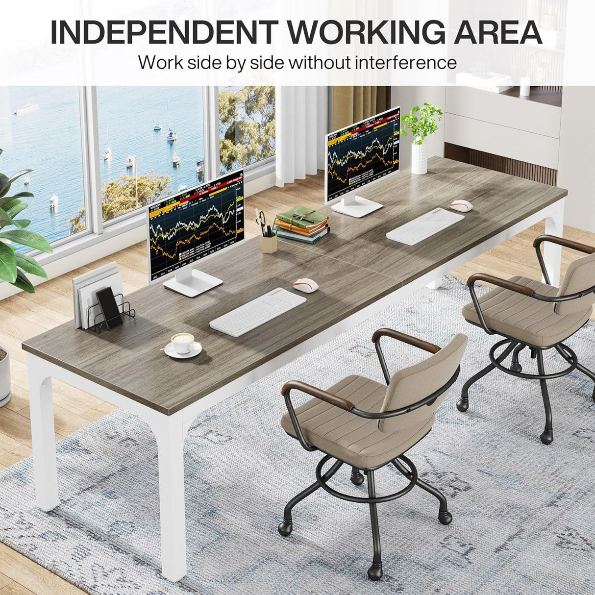 Extra Long 2 Person Computer Desk With, Collaborative Workstation For Home Office - White / Oak