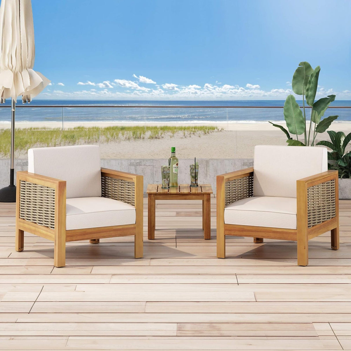 Outdoor Acacia Wood Club Chair With Wicker Accents