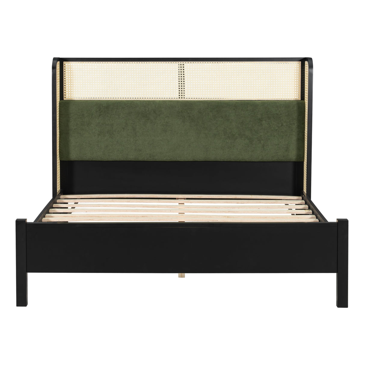 Queen Size Bed Frame with Plush Green Upholstered Headboard