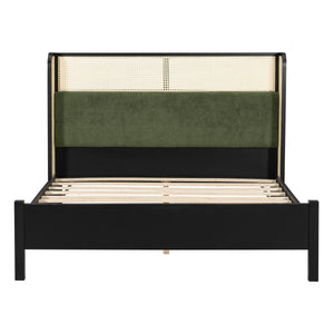 Queen Size Bed Frame with Plush Green Upholstered Headboard