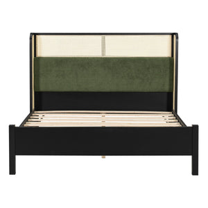 Queen Size Bed Frame with Plush Green Upholstered Headboard
