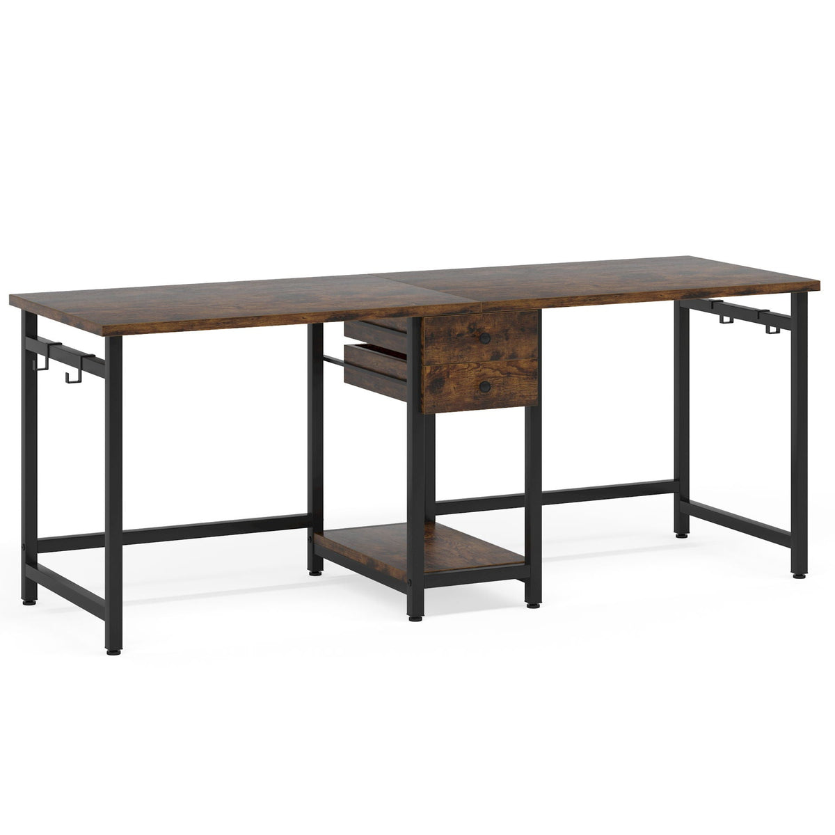 2 Person Computer Desk With Drawers And Shelves, Extra Long Double Workstation