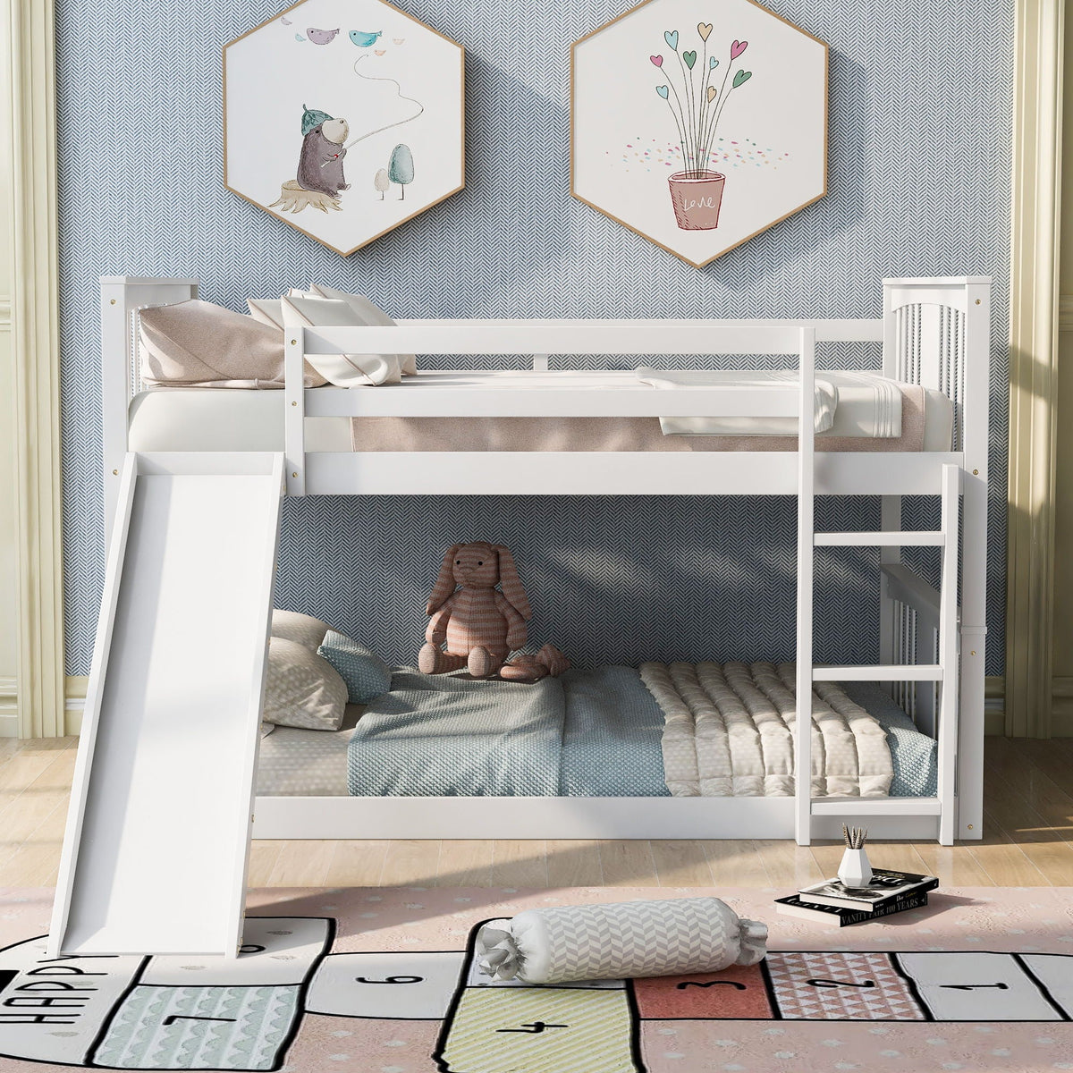Full Over Full Bunk Bed With Ladder With Slide - White