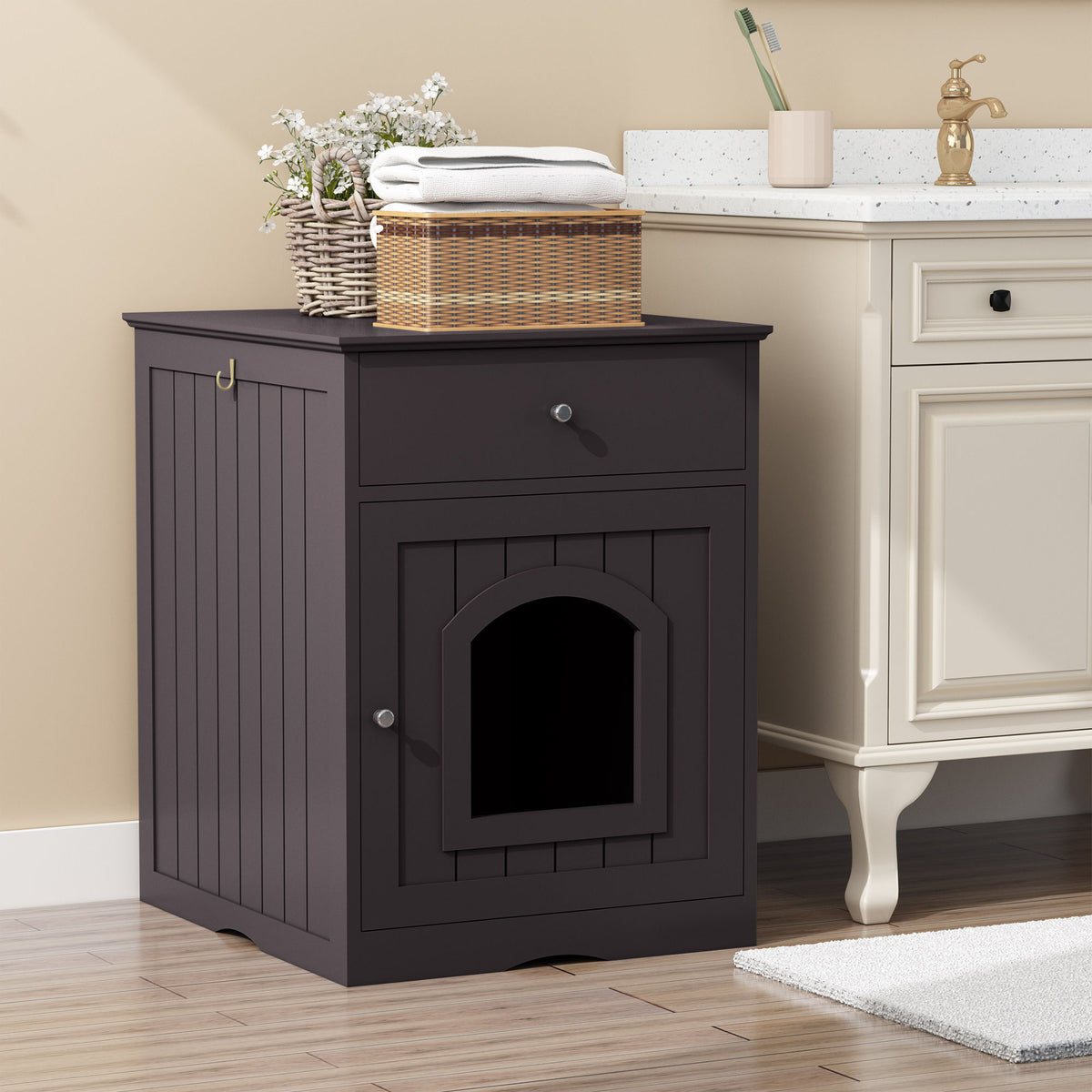 Wood Cat Litter Box Enclosure with Drawer - White or Dark Brown