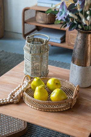 Set of 3 Round Decorative Brown Bamboo Woven Trays with Handles