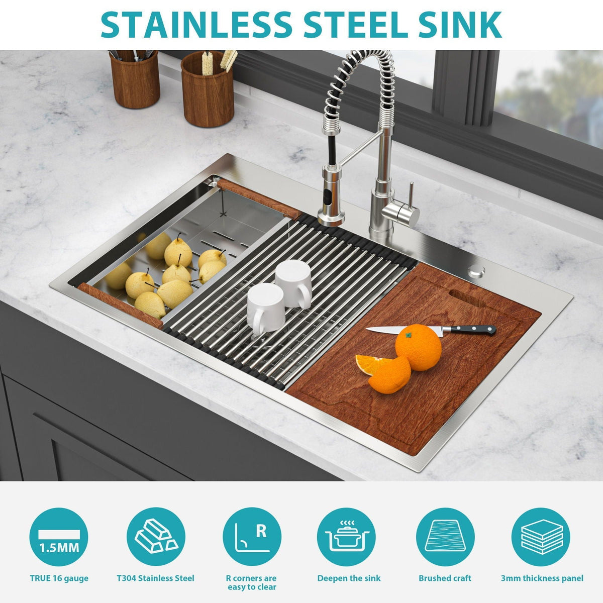 Topmount, Drop In Double Bowl Kitchen Sink