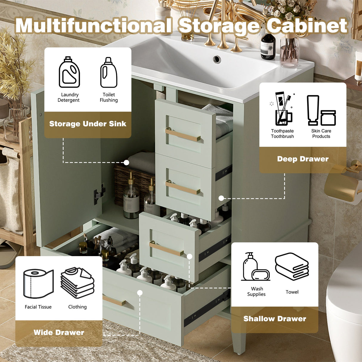 24.8" Bathroom Vanity with Ceramic Sink, Modern Freestanding Cabinet